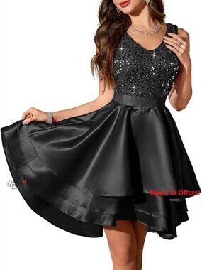 Sequin Satin A-Line Prom Dress with V-Neck High-Low Hemline